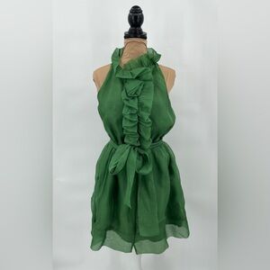 Green silk ruffle halter cocktail dress 10 holiday festive Christmas elegant
